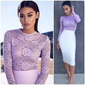 House Of CB NWOT Suri Floral Lace Long Sleeves Lavender Bodysuit Sz S Feminine